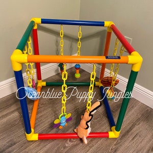 Pode incluir: Um cubo de atividades colorido de vários níveis para cachorros com brinquedos pendurados. O cubo é feito de tubo de PVC e tem um esquema de cores vermelho, amarelo, azul e verde. Os brinquedos incluem um coelho de pelúcia, uma borboleta, um chocalho e uma cenoura.