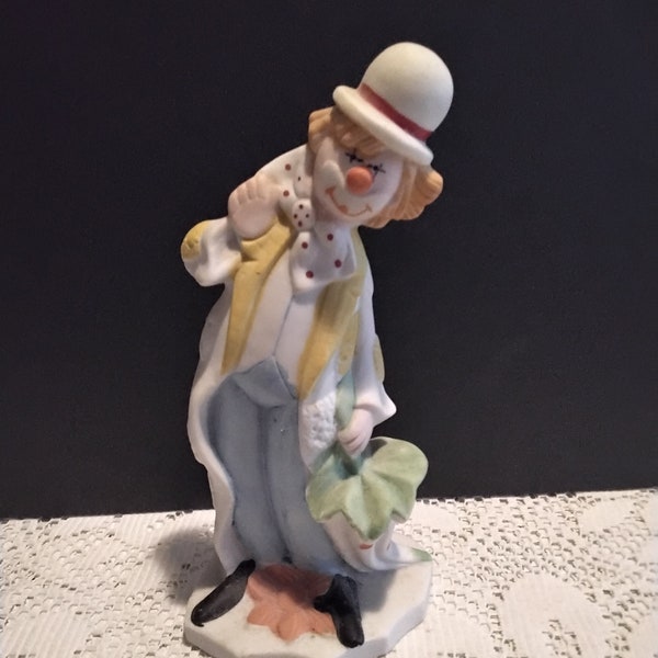 Vintage Hobo Blonde Hair Clown Figurine with Umbrella and Bowler Hat