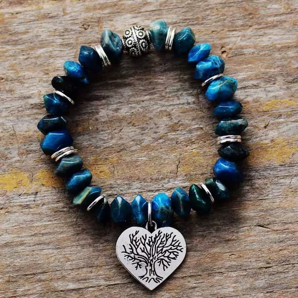 Handmade Apatite 8mm Raw Beaded Bracelet with Tree of Life Heart Charm