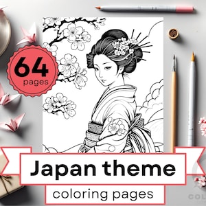 Whimsical Japan-theme Coloring Pages - 64 Printable PDF & JPG, Cherry Blossoms, Geisha, Easy Relaxation Activity - Instant Download, Kimono