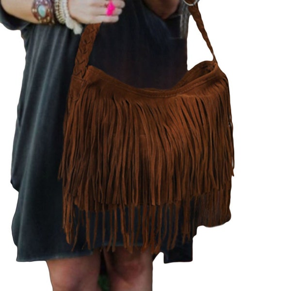 Boho-Chic Brown Faux Suede Fringe Shoulder Bag