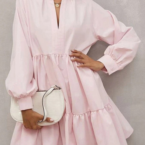 Ravishing Pink Ruffle Dress with Frilled Stand Collar and Long Sleeves