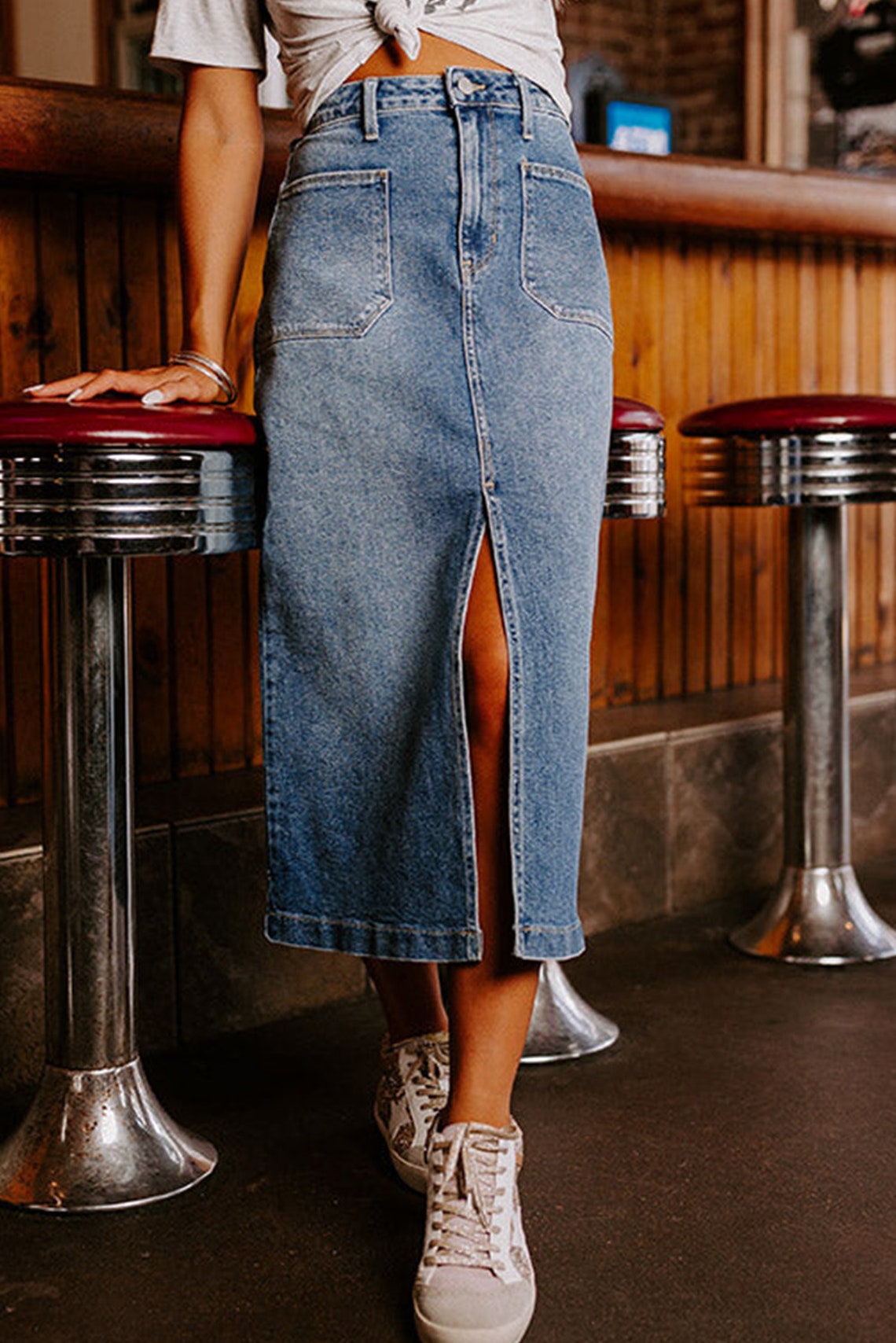 Sky Blue Bliss: Chic Midi Denim Skirt With 4 Trendy Patch Pockets and ...