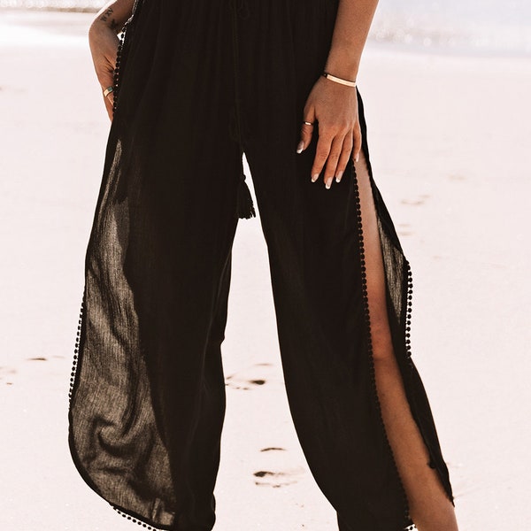 Elegant Black Lace-Split Beach Cover-Up Pants