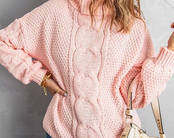 Blushing Cable Elegance: Pink Turtleneck Knit Sweater for Chic Comfort