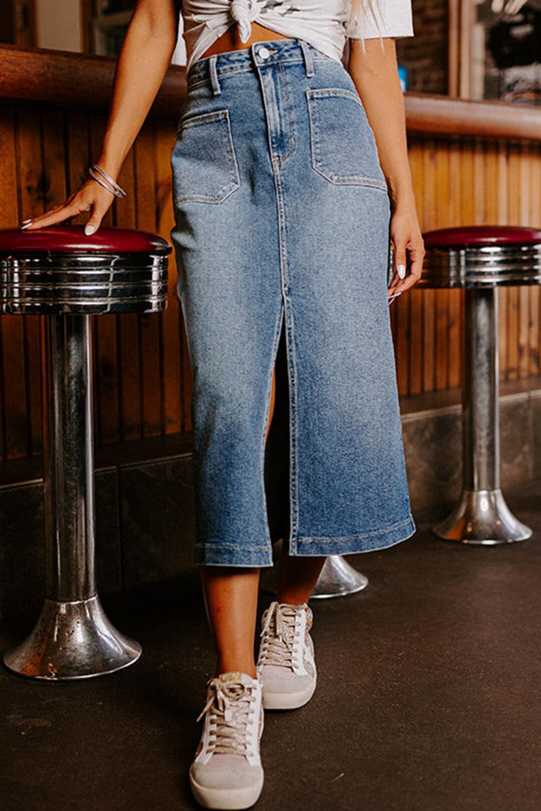 Sky Blue Bliss: Chic Midi Denim Skirt With 4 Trendy Patch Pockets and ...