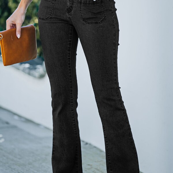 Chic Noir Retro Pocketed Flare Denim