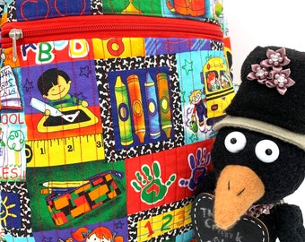 Quilted Handmade Ready for School Backpack. Handmade in the USA by this Cranky Old Crow using Solar Energy.