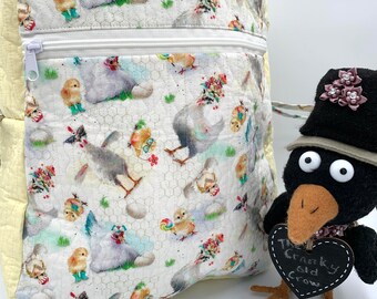 Quilted Handmade Chickens in Sunglasses Backpack. Handmade in the USA by the Cranky Old Crow using Solar Energy.