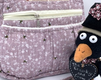 Quilted Handmade Small Mauve Bee Backpack.  Handcrafted in the USA by this Cranky Old Crow using Solar and Human energy.