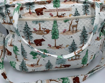 Baby Bear Takes a Walk Diaper Bag with Paci-Pouch handmade by the Cranky Old Crow nested in the Appalachian Mountains.