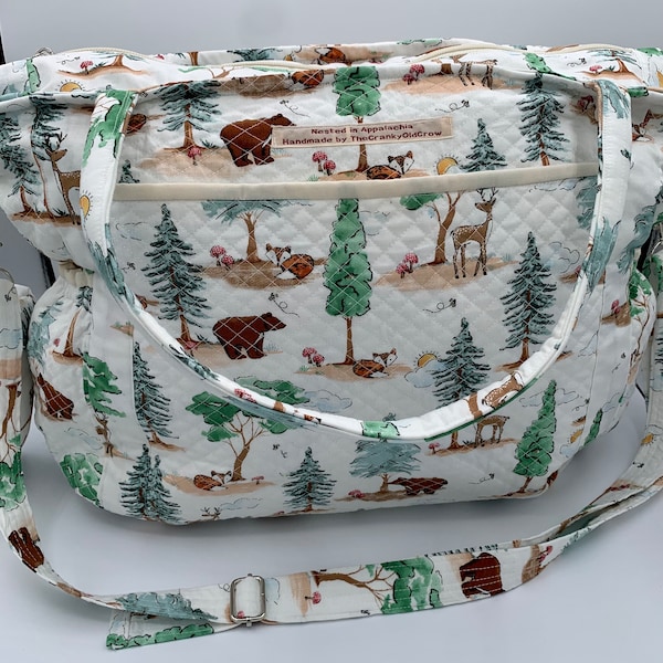 Baby Bear Takes a Walk Diaper Bag with Paci-Pouch handmade by the Cranky Old Crow nested in the Appalachian Mountains.