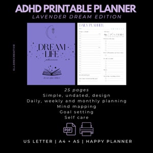 PRINTABLE Adult ADHD planner, ADHD workbook, organizer, focusing daily planner, monthly planner, mindset, goal planner, habit tracker.