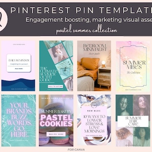 32 Pinterest Templates Canva, Summer Pastel Templates, Blogger Templates, Pinterest Marketing, Pin Template, Pinterest Blogger Templates