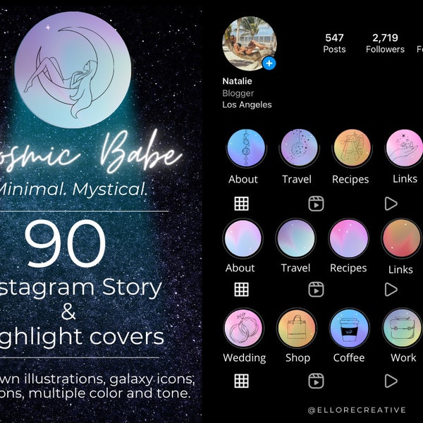 Cosmic Babe Line Art Instagram Highlight Covers, Minimalist Lifestyle Highlights, Galaxy Aesthetic IG Story Highlight Icon Pack