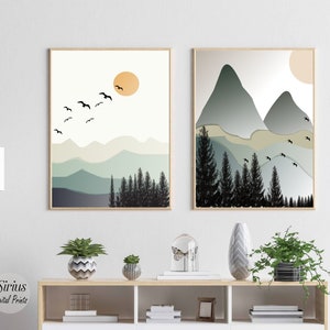 Arte de pared de montaña, Descarga instantánea, Pájaros volando, Arte boho sun, Conjunto de 2, Arte de pared de óxido, Arte de pino, Arte de Mountain Lake, Arte de regalo