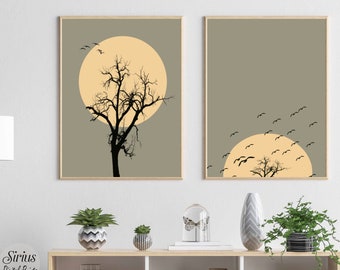 Set of 2 Sunset, Birds Prints, Digital Printable wall art, birds flock, tree, Large Digital Wall Art, Modern, Stylish, Living Room Wall Art