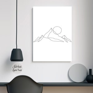 Minimalist Mountain And Sun Line art, Digital Download, Landscape prints, Large Printable Wall Art,Mid century modern, Nature wall art