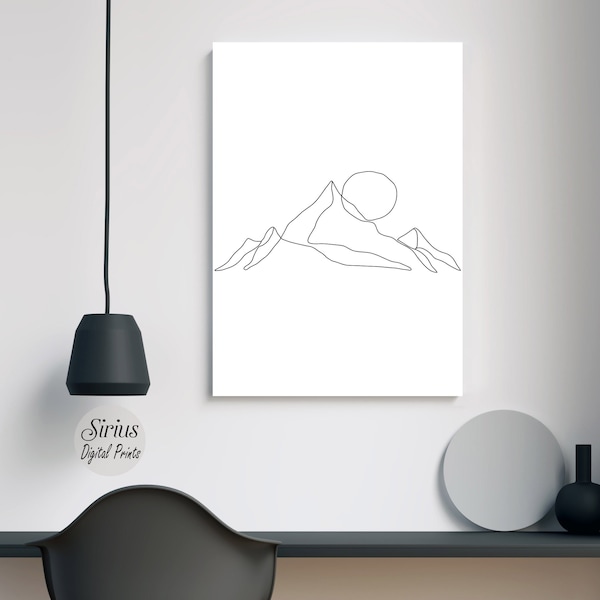 Minimalist Mountain And Sun Line art, Digital Download, Landscape prints, Large Printable Wall Art,Mid century modern, Nature wall art