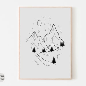 Minimalist Mountain Line art , Printable wall art, Digital Download, Landscape drawing poster, Nature home decor, Scenery Print,
