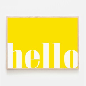 Olá impressão, branco, amarelo, arte de parede, simples, tipografia colorida, berçário, crianças, sala de jogos, entrada, moderno, bem-vindo, sala de estar, decoração de parede de casa