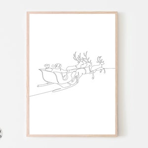 Reindeer With Sleigh Print, Minimalist Christmas Line Art, Santa Claus Printable, Holiday Decoration, Festive Sketch, Gift,Digital Download