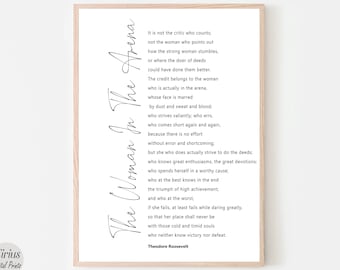 De vrouw in de arena, Theodore Roosevelt Citaat, inspirerende prenten, Dearing Greatly, Afdrukbare kunst aan de muur, Motivatie Speech, Poster, Feminist
