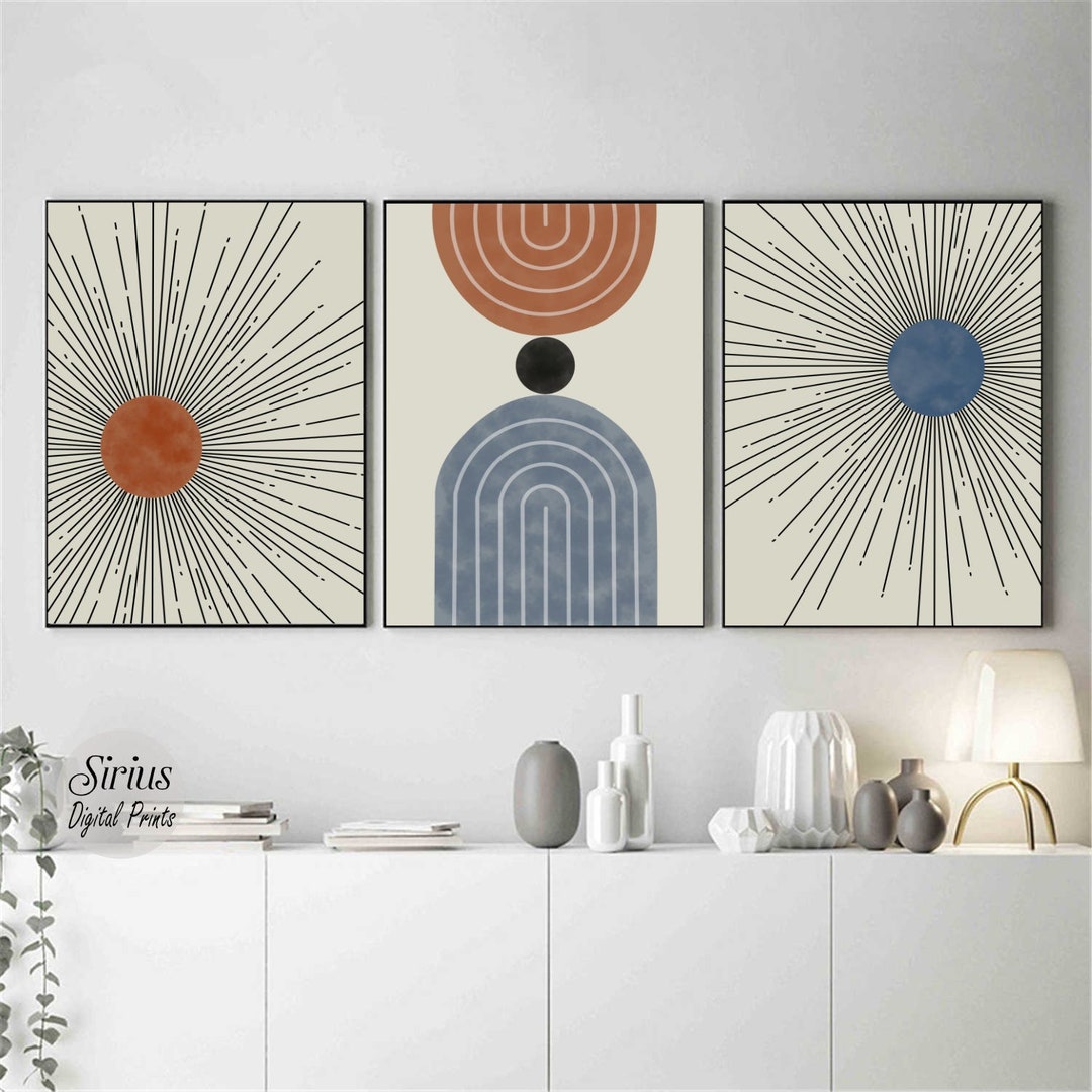 Mid Century Modern Geometric Sun Print Set of 3 Prints, Digital ...