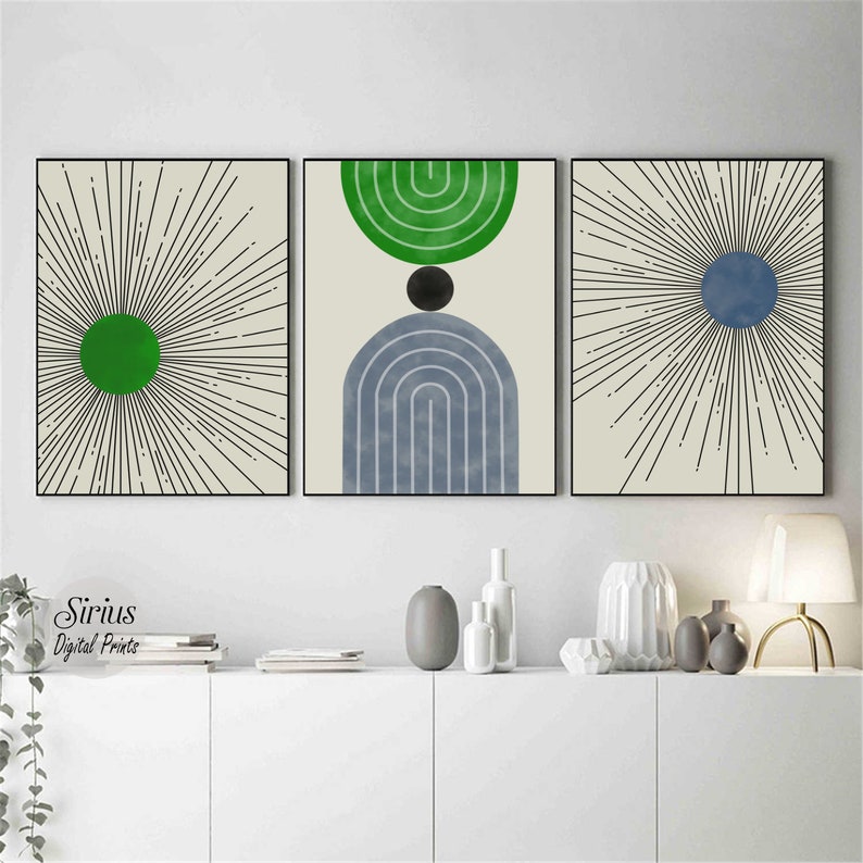 Mid Century Modern Geometric Sun Print Set of 3 Prints, Digital ...