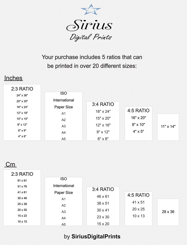 Op de afbeelding: Een tabel met verschillende afdrukformaten in inches en centimeters voor vijf beeldverhoudingen: 2:3, 3:4 en 4:5. De tabel bevat ook de overeenkomstige ISO-papierformaten voor elke dimensie. De tekst "Sirius Digital Prints" staat onderaan de tabel.