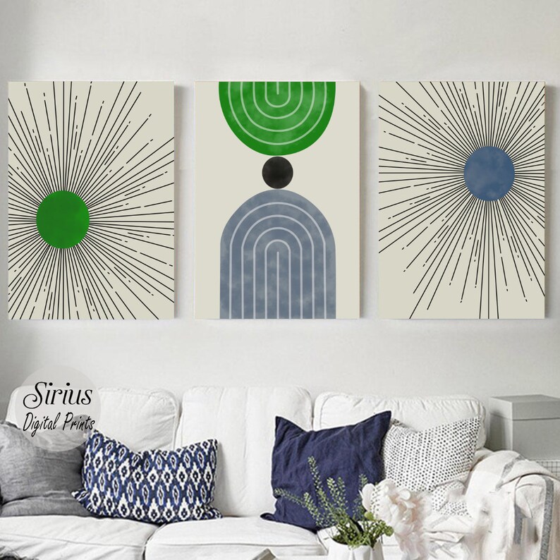 Mid Century Modern Geometric Sun Print Set of 3 Prints, Digital ...