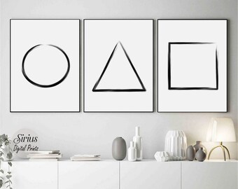 Círculo, Triángulo, Cuadrado, Arte de pared del juego de calamares, Blanco y negro, Arte imprimible, Póster de formas de decoración del aula, Descarga digital