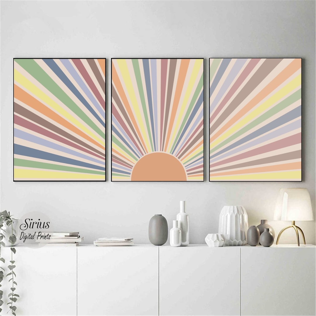 Sun Print Set of 3 Wall Decor, Boho Orange Blue Sun, Mid Century Modern ...