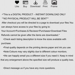 Op de afbeelding: Een digitale download-kunstprint met de tekst "INSTANT DOWNLOAD ART" in zwarte tekst op een witte achtergrond. De tekst "Like, Buy, Download, Print, Frame" staat onder de titel met pictogrammen die elk woord voorstellen. De tekst "This is a DIGITAL PRODUCT - INSTANT DOWNLOAD ONLY**NO PHYSICAL PRODUCT WILL BE SENT**" staat onder de pictogrammen. De tekst gaat verder met instructies over hoe je het digitale bestand na aankoop kunt downloaden. De tekst eindigt met "by SiriusDigitalPrints".
