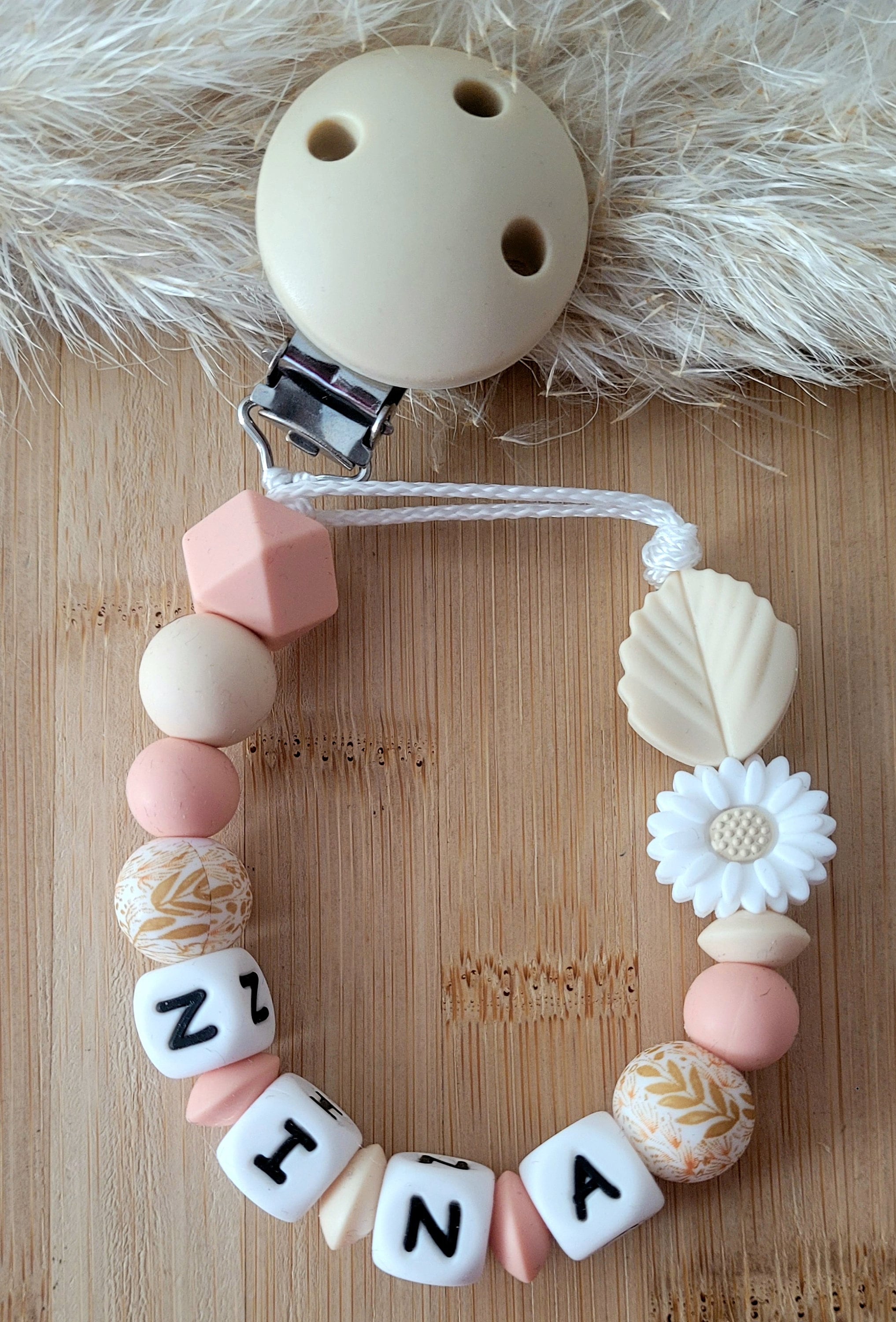 Chaîne de tétine en bois et silicone pour bébé, objet personnalisable,  perles pour faire ses dents