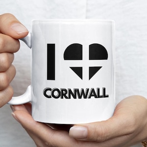 Caneca de café I Love Cornwall, xícara de chá com coração e bandeira da Cornualha, presente de lembrança da Cornualha, caneca do orgulho da Cornualha, presente I Heart Cornwall, presente feito à mão
