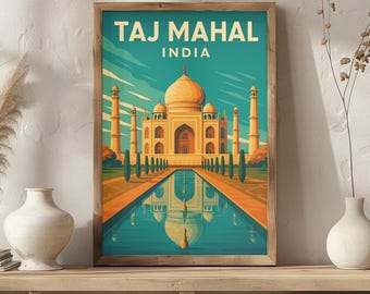Taj Mahal India Vintage Travel Poster | Retro Mughal Architecture Wall Art Print | Iconic Landmark Decor | A1 A2 A3 A4 Size