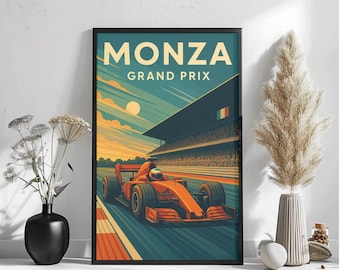 May include: A vintage-style poster featuring a red race car on a track with the text "MONZA GRAND PRIX" in a bold, white font.