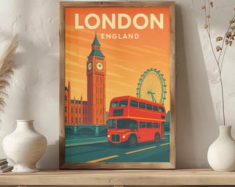 Póster vintage de viaje a Londres: Big Ben, autobús rojo, arte mural del Reino Unido