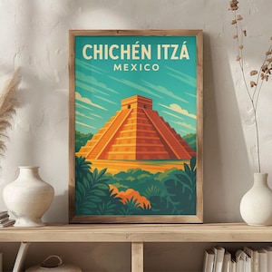 Chichén Itzá Mexico Vintage Travel Poster | Retro Pyramid of Kukulcán Wall Art | Ancient Mayan Decor| A1 A2 A3 A4 Size