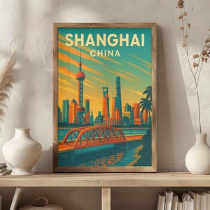 Shanghai China Vintage Travel Poster | Retro Oriental Pearl Tower & Skyline Wall Art | Modern City Decor | Mid-Century Style Print