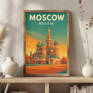 Moscow Russia Vintage Travel Poster | Retro St. Basils Cathedral & Red Square Wall Art | Russian Landmark Decor | Mid-Century Style