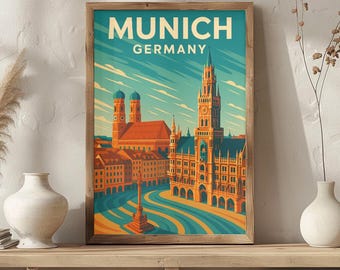 Munich Germany Travel Poster | Vintage Marienplatz & Frauenkirche Art