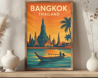 Bangkok Thailand Vintage Travel Poster | Retro Wat Arun & Chao Phraya River Art Print | Southeast Asia Decor