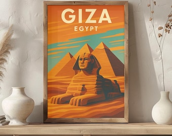 Giza Egypt Vintage Travel Poster | Retro Sphinx & Pyramids Desert Art Print | Ancient Wonders Wall Decor| A1 A2 A3 A4 Size