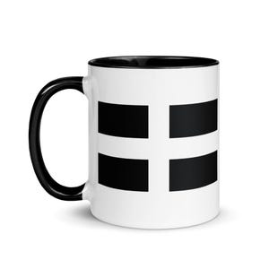 May include: White ceramic mug with a black rim and handle. The mug features a black and white design of four squares arranged in a cross shape.