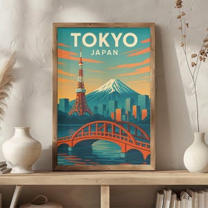 Tokyo Japan Vintage Travel Poster | Retro Mount Fuji & Tokyo Tower Art Print | Japanese City Wall Decor| A1 A2 A3 A4 Size