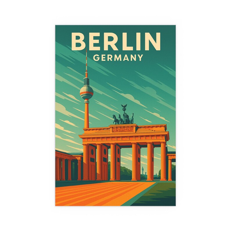 Poster di viaggio retrò di Berlino / Stampa artistica della Porta di Brandeburgo e della Torre della TV immagine 2