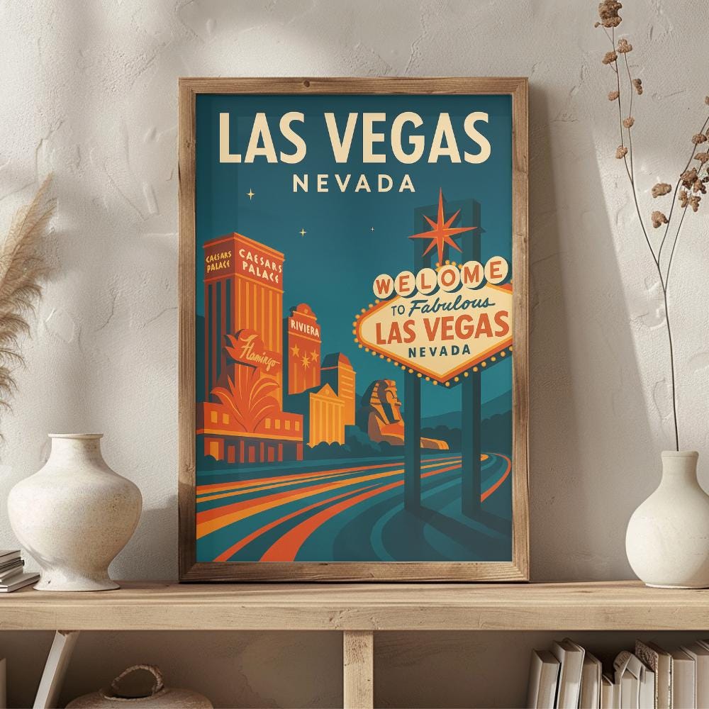 Las Vegas Nevada Vintage Travel Poster | Retro Casino Strip & Welcome Sign Wall Art | City of Lights Decor | Mid-Century Style Print
