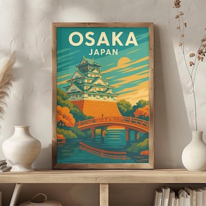 Osaka Japan Vintage Travel Poster | Retro Castle & Dotonbori Wall Art Print | Japanese City Decor | Mid-Century Style Illustration